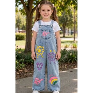 Girls Bib Overalls 6Y Graphic Flower Heart Rainbow Light Wash Wide Leg Denim